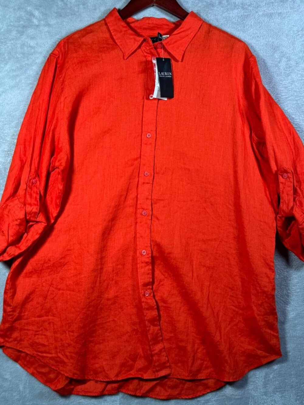 Lauren Ralph Lauren Shirt Womens XXL Orange Linen Roll Tab Sleeve Resort $125